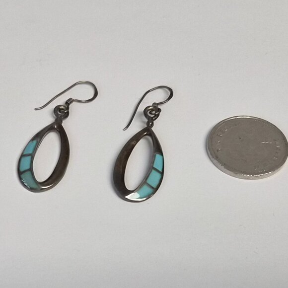 VTG Sterling Silver Turquoise Inlay Dangle Earrings – Southwestern Oval Boho - Picture 5 of 5
